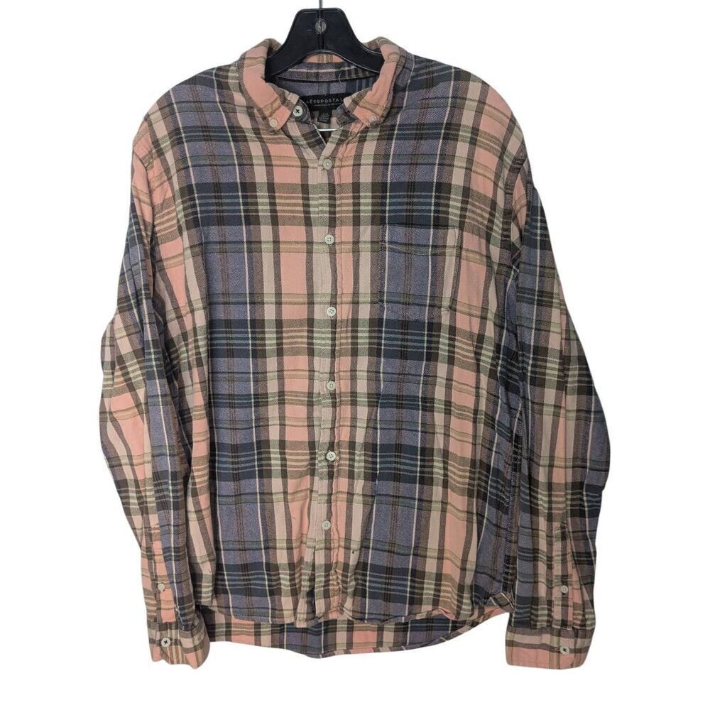 Aeropostale Heavy Flannel Button Front Long Sleeve Shirt Peach Pink Blue Plaid M